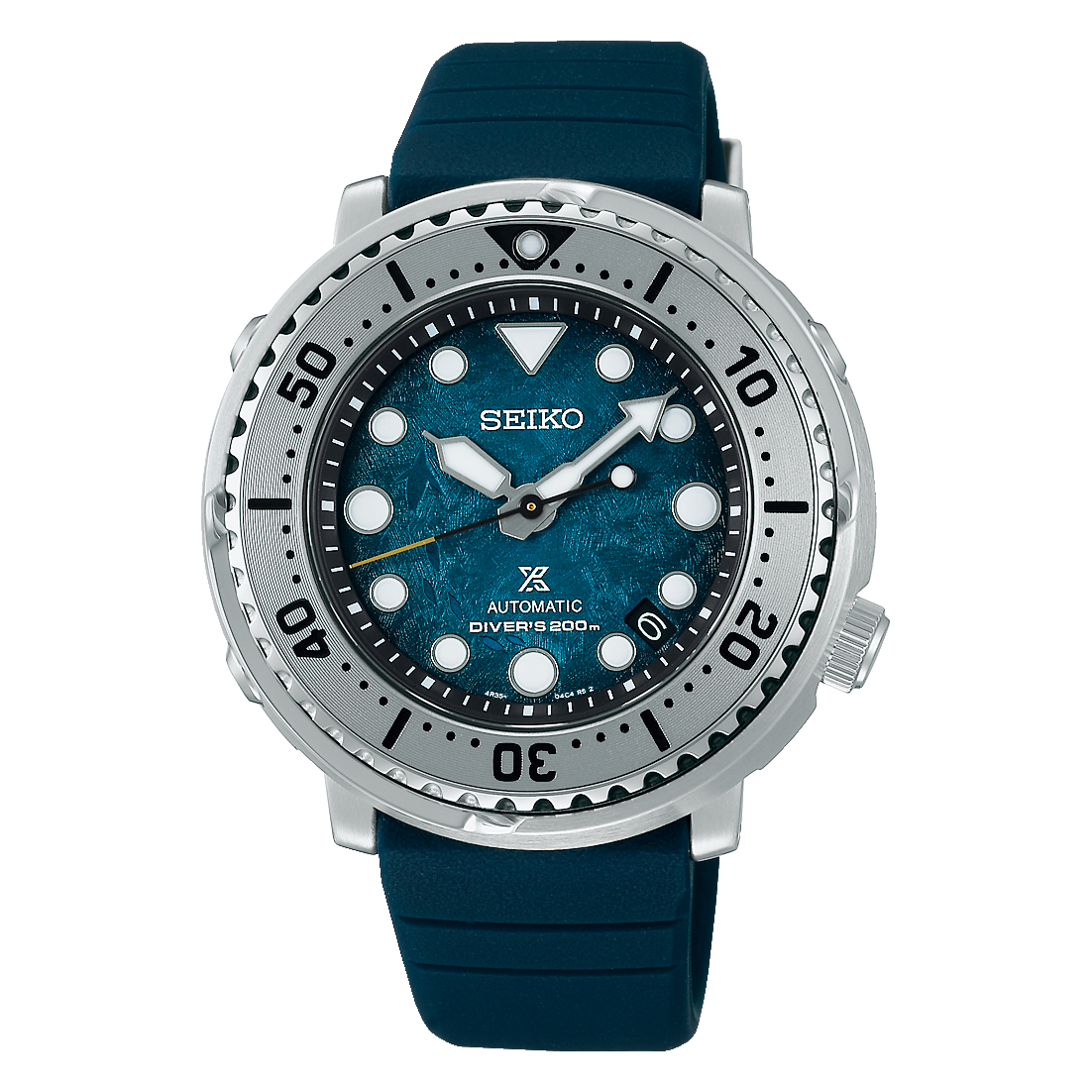 Seiko dive watch with a teal dial and silver bezel on a blue rubber strap.
