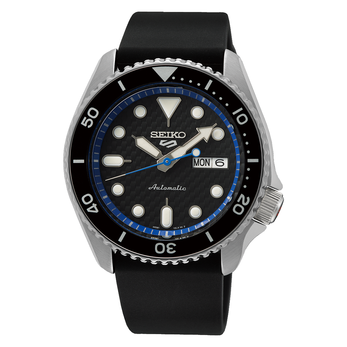 Seiko automatic dive watch with a black bezel and blue accent on the dial.