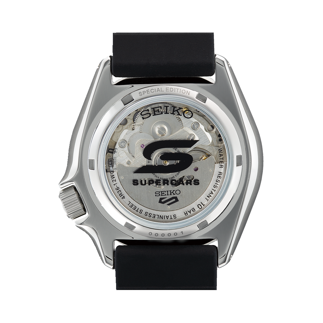 Seiko Supermars wristwatch with a black strap and silver case, showing the back of the watch face.