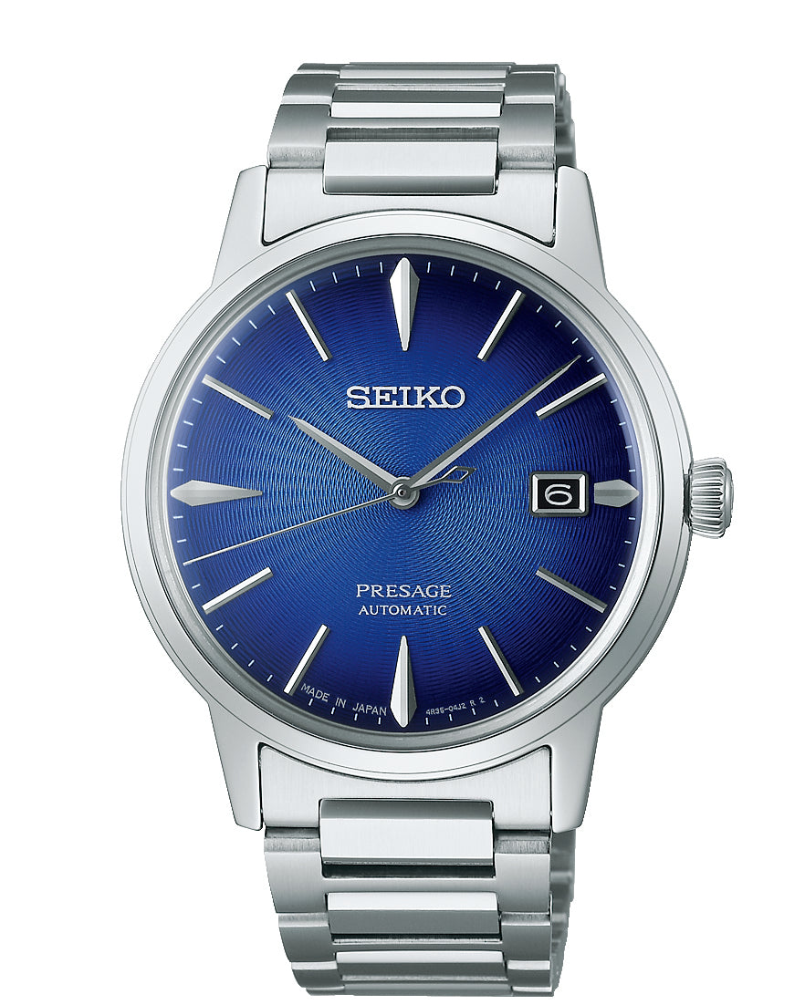 Seiko Presage automatic wristwatch with a blue dial and stainless steel bracelet.