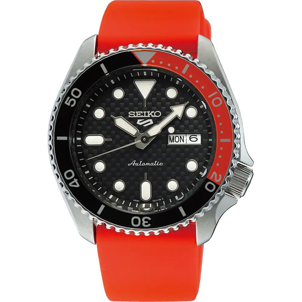Seiko dive watch with a black and red bezel and bright red rubber strap.