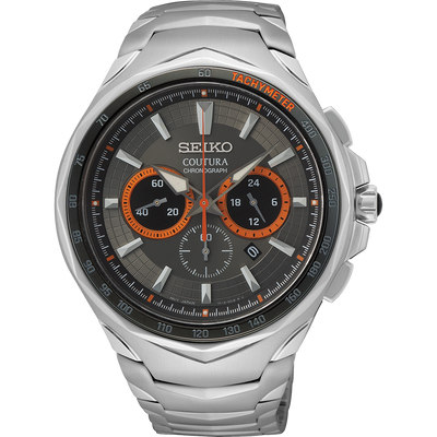 Seiko Coutura chronograph wristwatch with a silver metal bracelet and dark gray dial featuring orange accents.