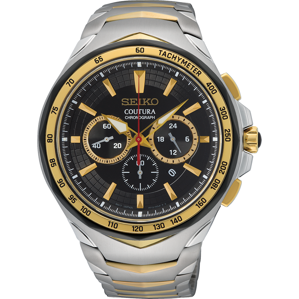 Seiko Coutura chronograph wristwatch with a black dial and gold accents on a two-tone metal bracelet.