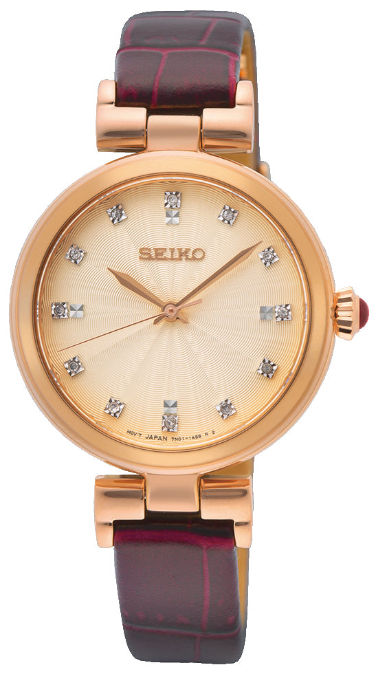 Seiko Rose Gold Dial Red Leather Strap Watch SRZ548P