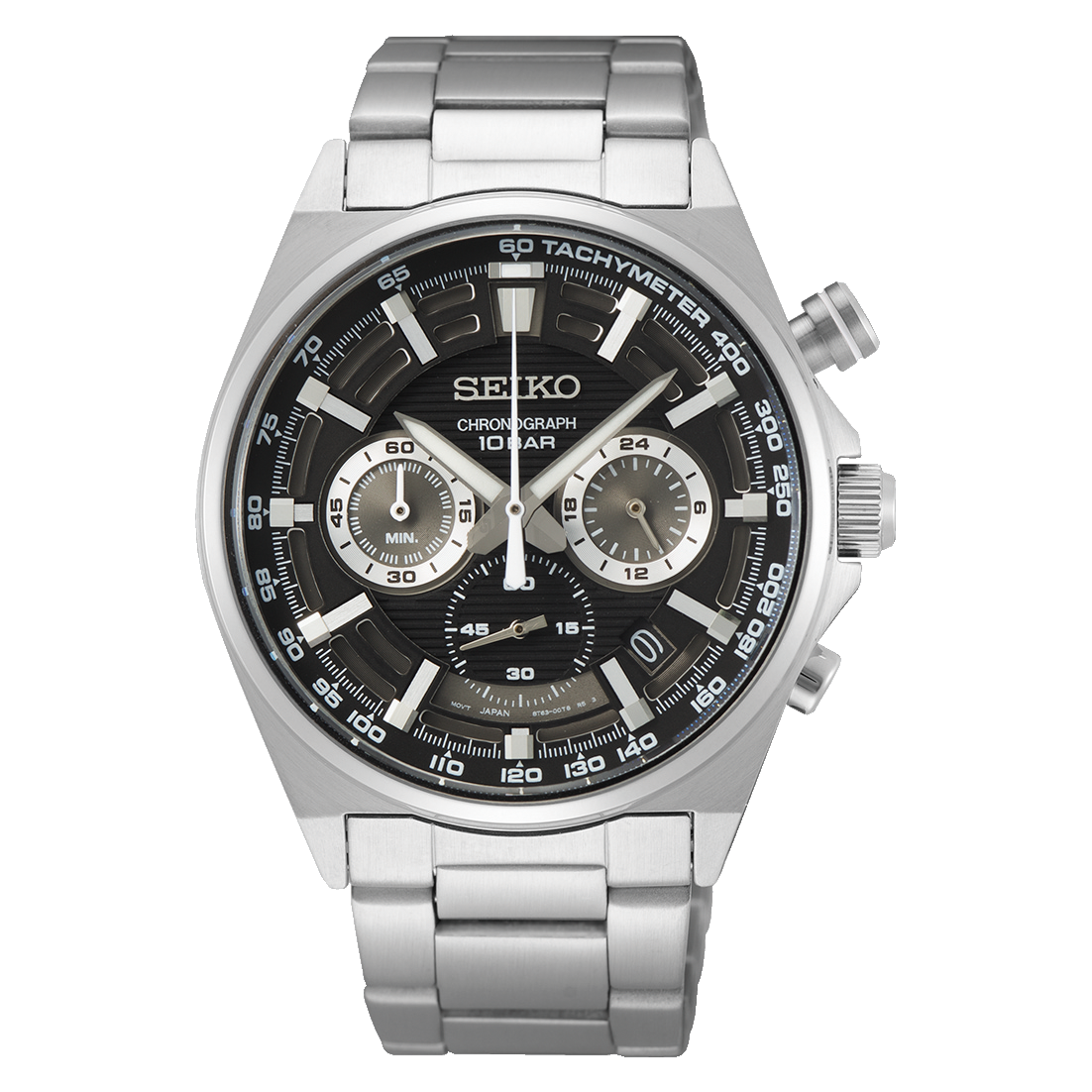 Seiko chronograph wristwatch with a silver metal bracelet and black dial.