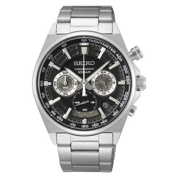 Seiko chronograph wristwatch with a silver metal bracelet and black dial.