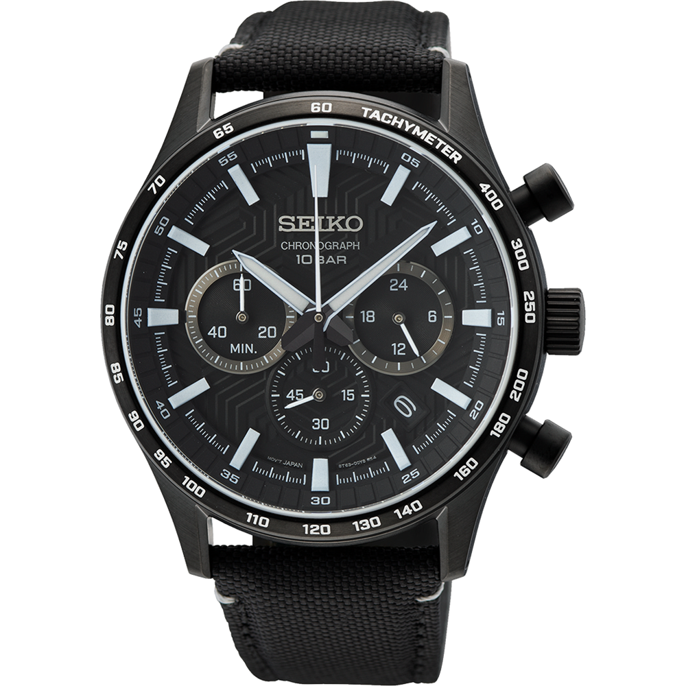 Black Seiko chronograph wristwatch with a fabric strap.