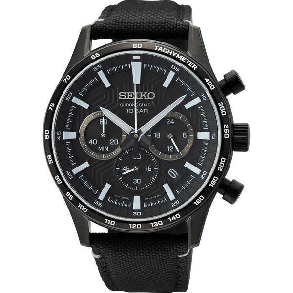 Black Seiko chronograph wristwatch with a fabric strap.