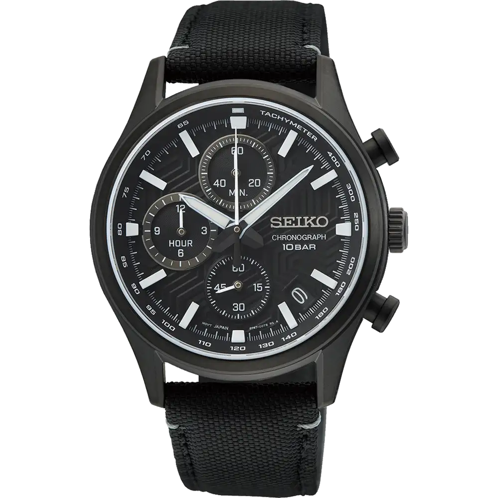 Black Seiko chronograph wristwatch with a fabric strap.