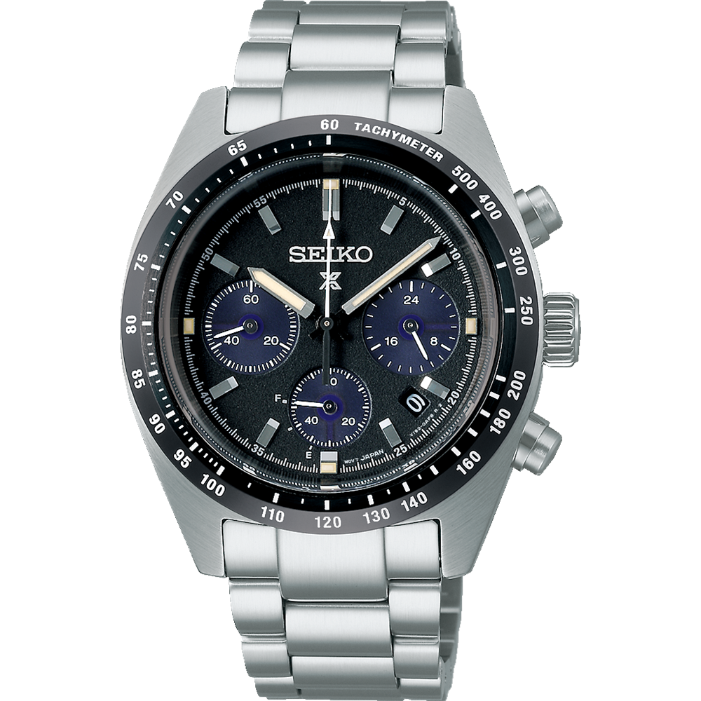 Stainless steel Seiko chronograph wristwatch with a black dial and three blue subdials.