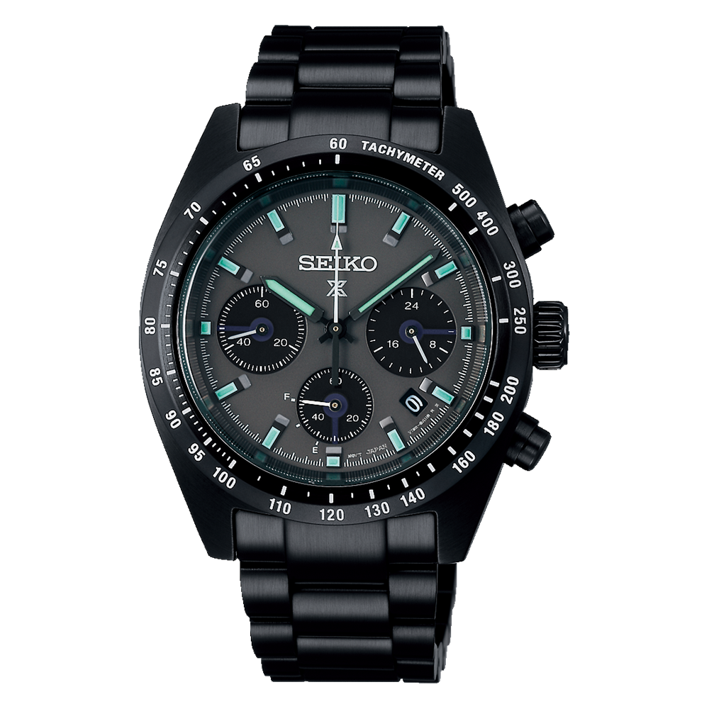 Black Seiko chronograph wristwatch with teal accents on the dial.