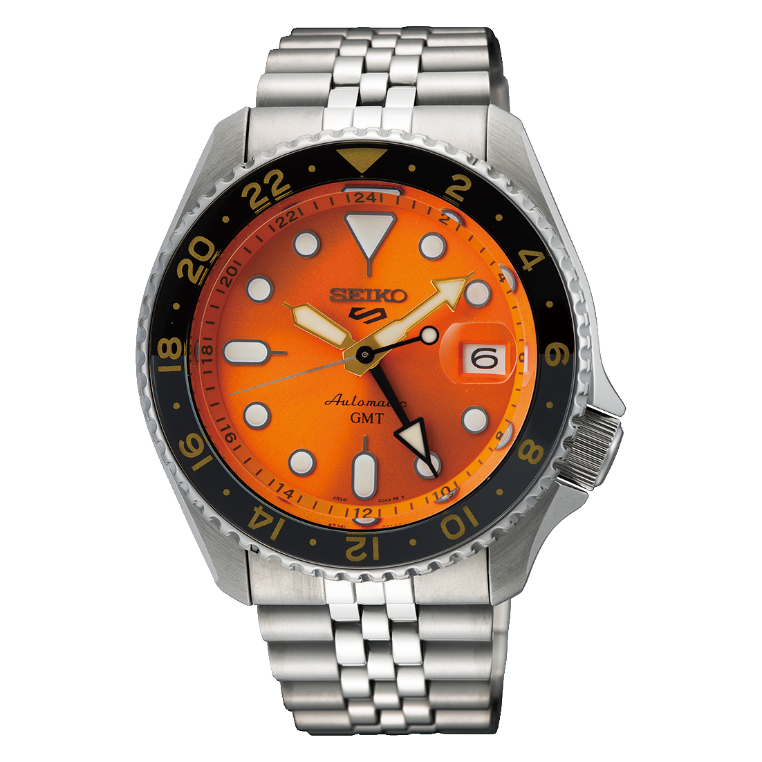 Stainless steel Seiko diver’s watch with an orange dial and black bezel.