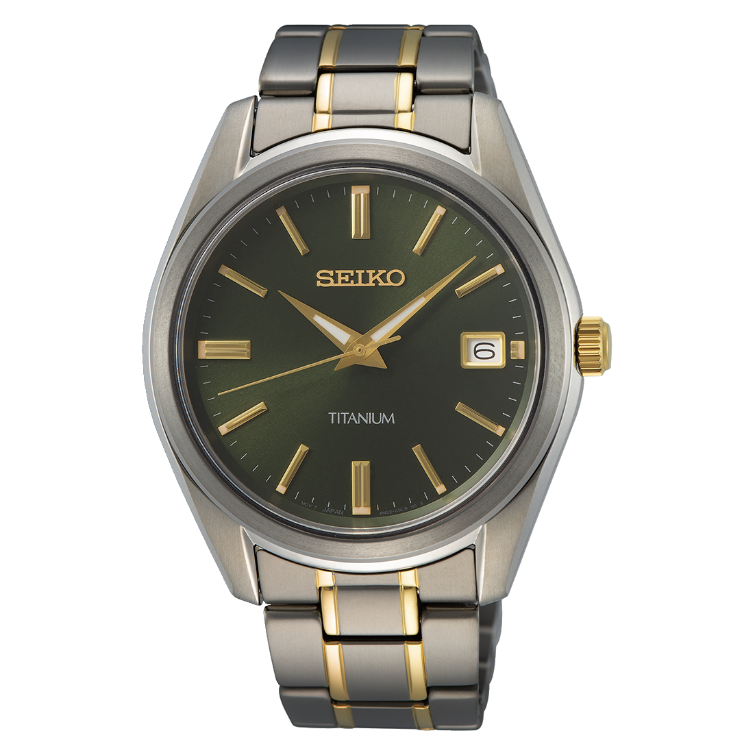 Seiko wristwatch with a green dial and two-tone metal bracelet.