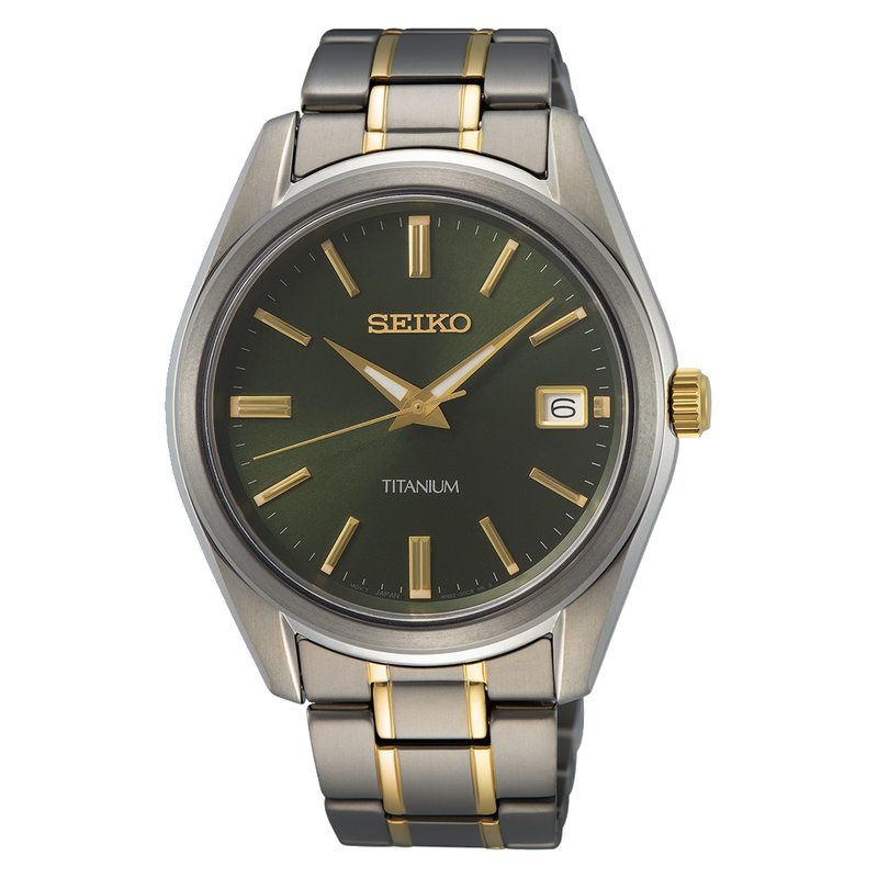 Seiko wristwatch with a green dial and two-tone metal bracelet.