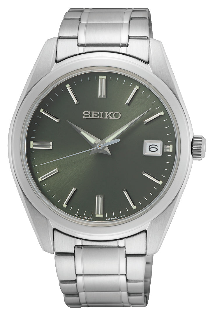 Seiko Stainless Steel Sapphire Quartz Olive Green Dial Watch SUR527P