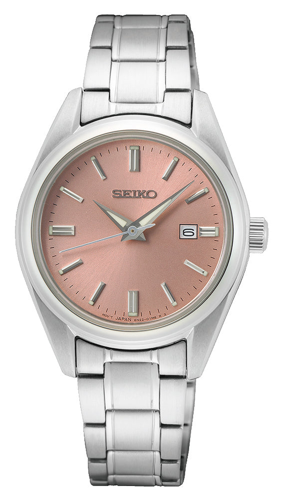 Seiko Stainless Steel Sapphire Quartz Salmon Dial Watch SUR529P