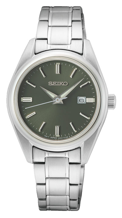Seiko Stainless Steel Sapphire Quartz Olive Green Dial Watch SUR533P