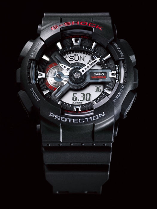 Rugged black G-Shock wristwatch with a complex digital-analog display.