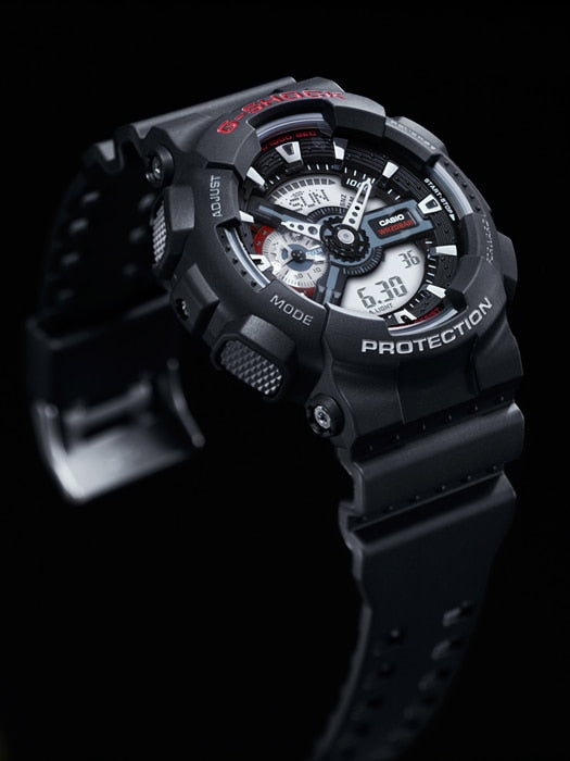 Rugged black digital sports watch with a complex dial and multiple functions.