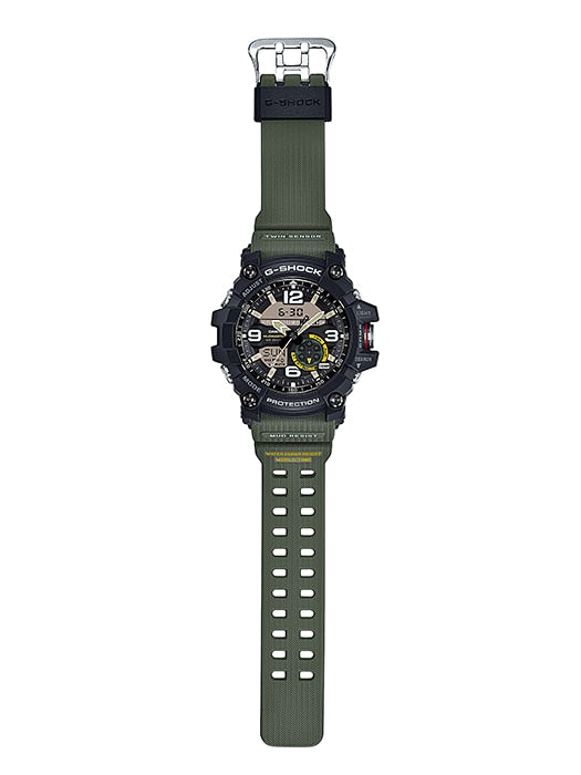 Rugged digital wristwatch with a green strap and black face.