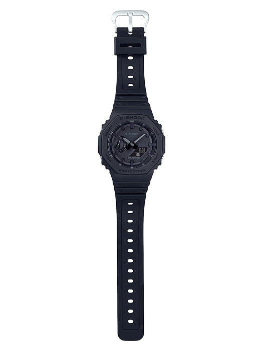 Black digital sports watch with a round face and textured rubber strap.