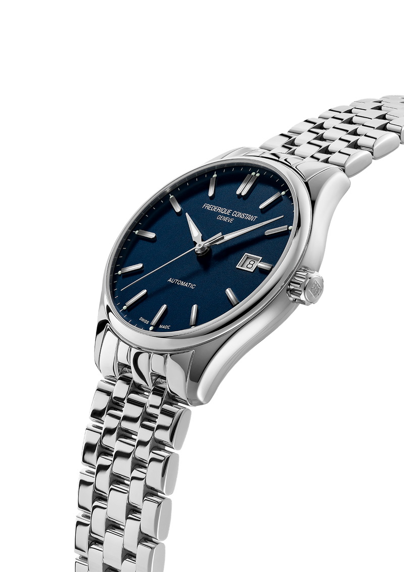 Stainless steel wristwatch with a blue dial and date display.