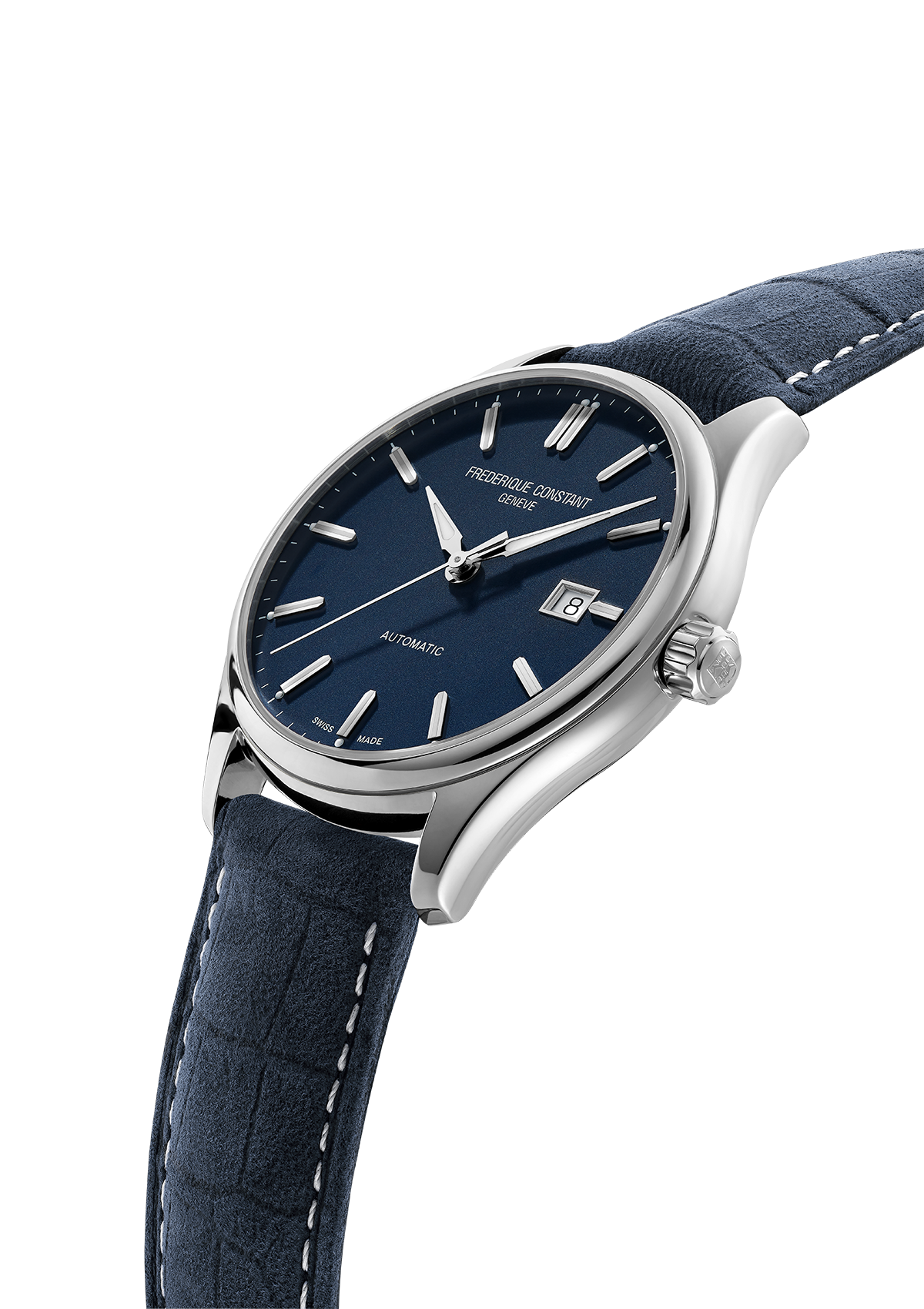 Wristwatch with a blue dial and leather strap.