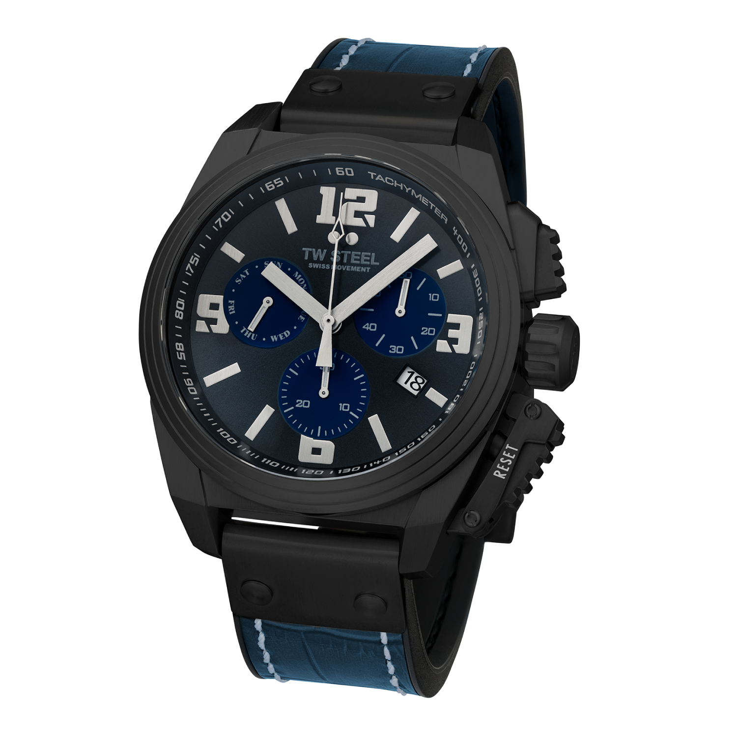 Black sports watch with a blue and black dial and leather strap.