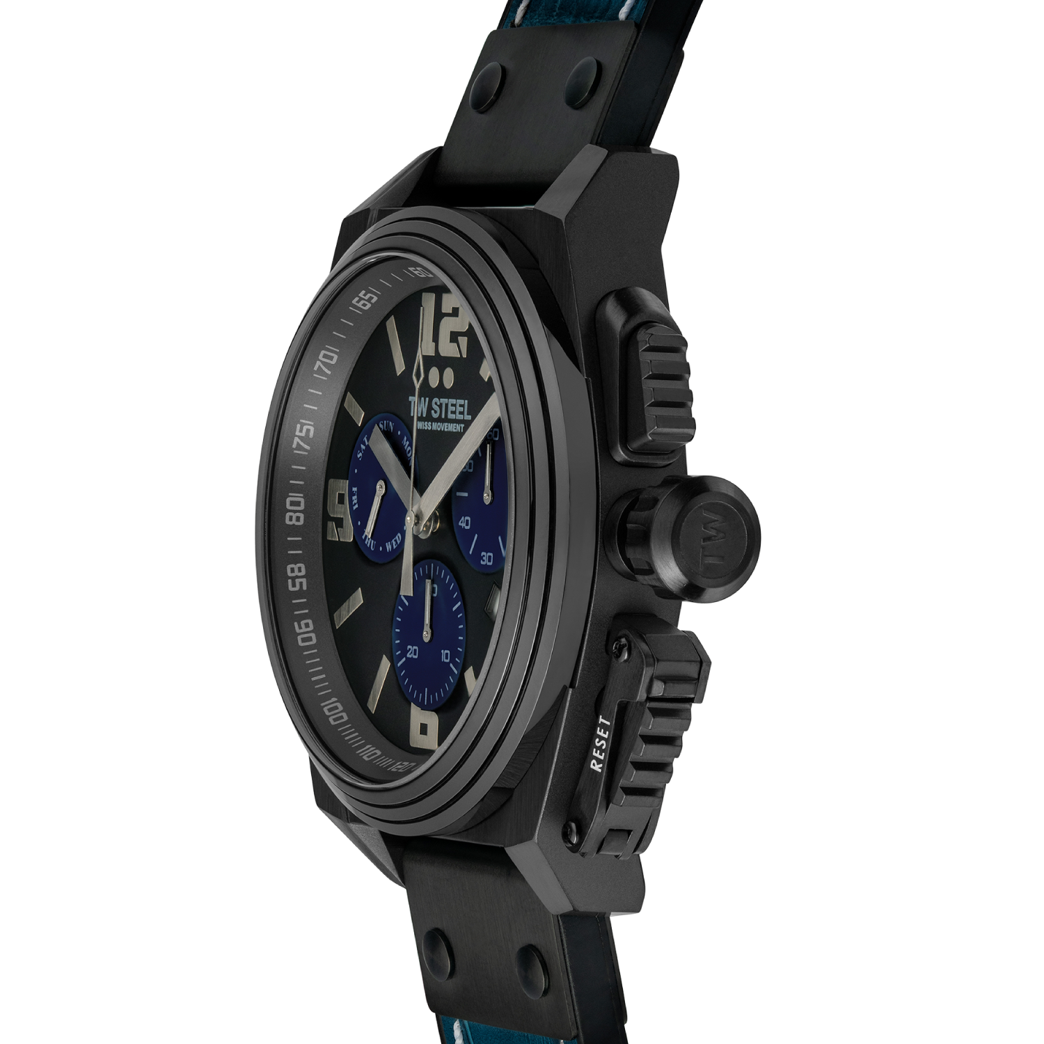 Black chronograph wristwatch with blue accents and a leather strap.