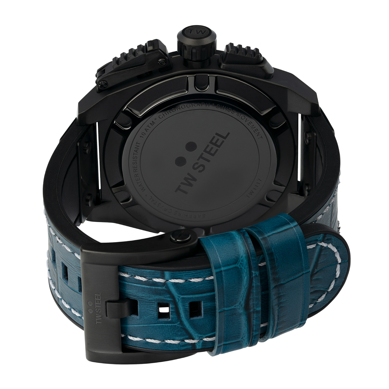 Wristwatch with a black case and teal leather strap.