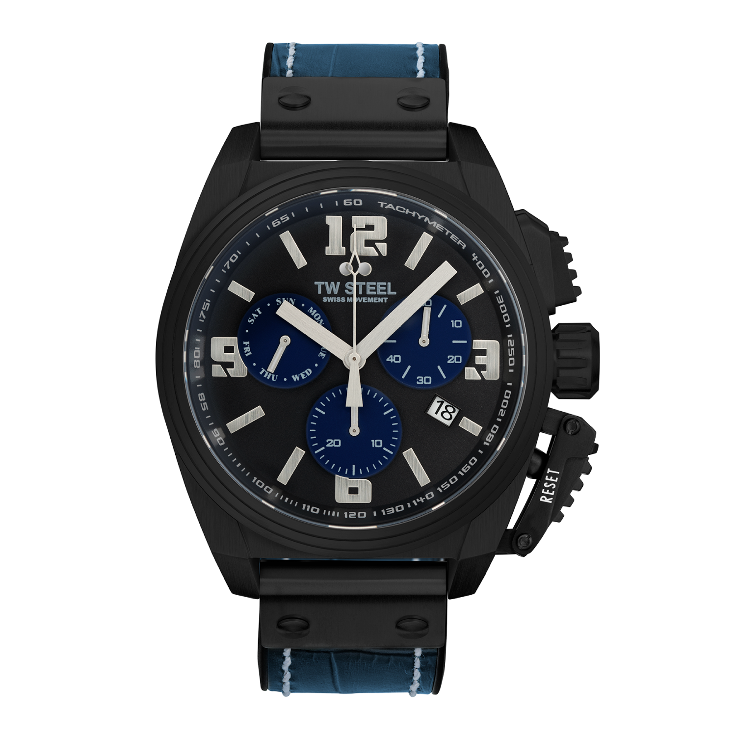 Sleek black wristwatch with blue accents and chronograph subdials.