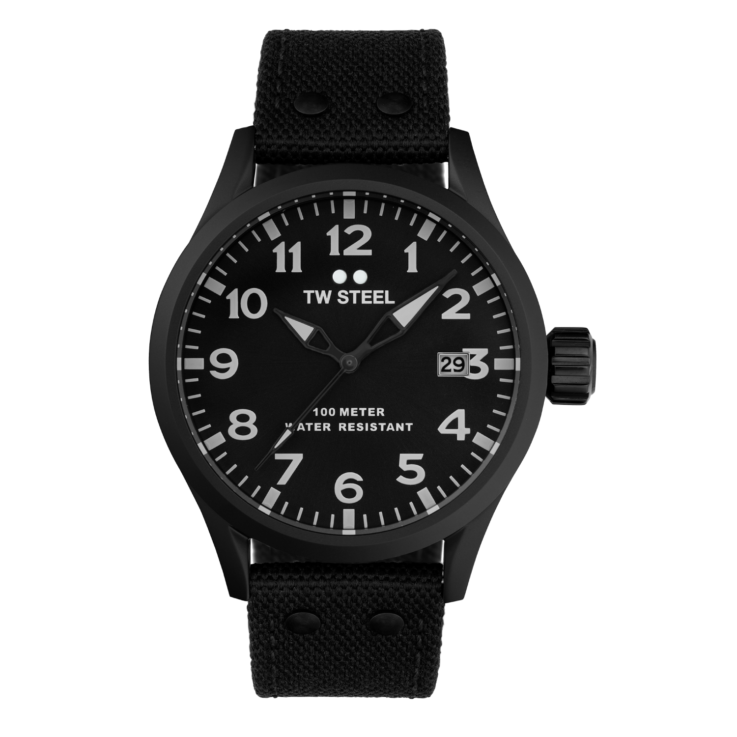 Black wristwatch with a fabric strap and numerical dial face.