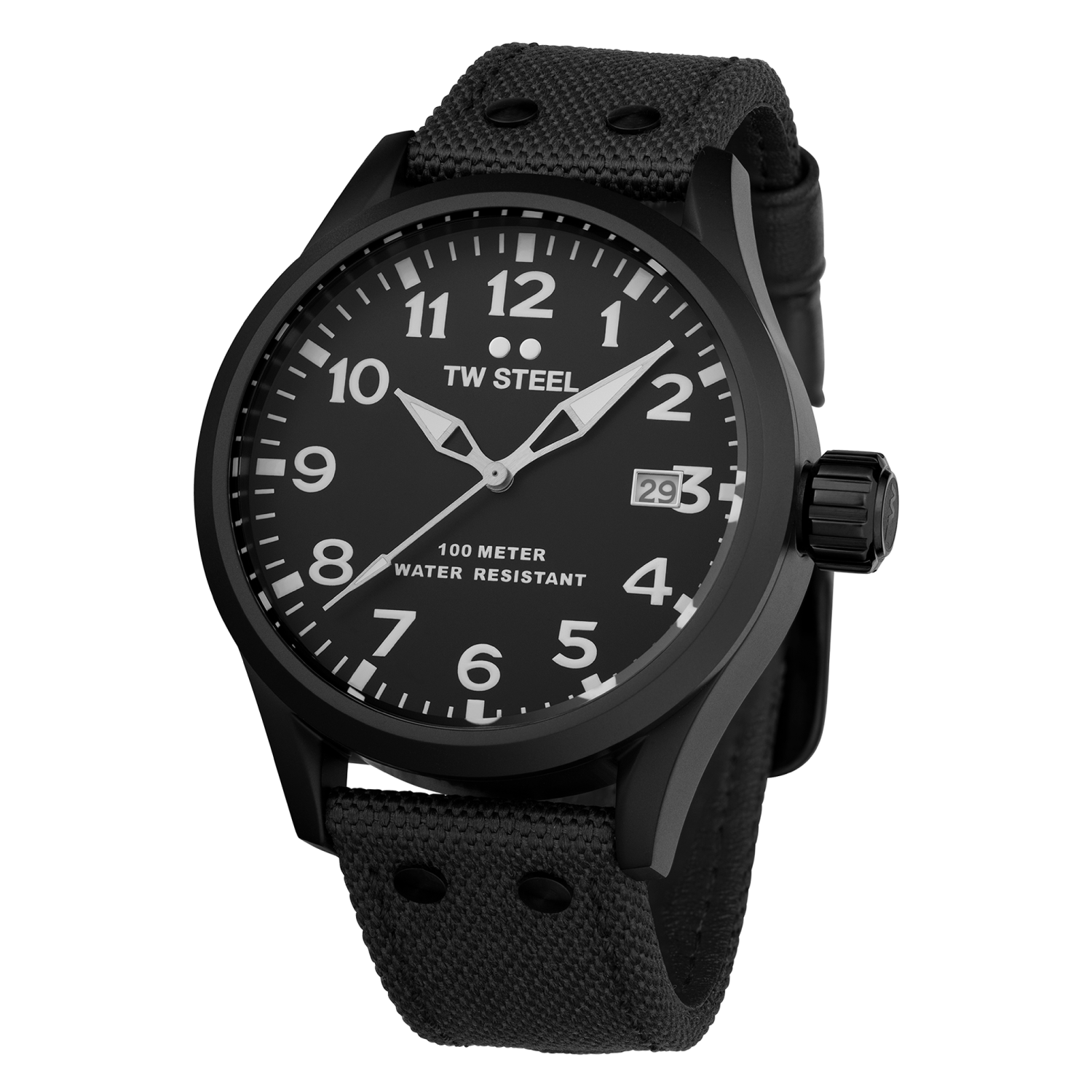 Black wristwatch with a round face, white numerals, and a fabric strap.