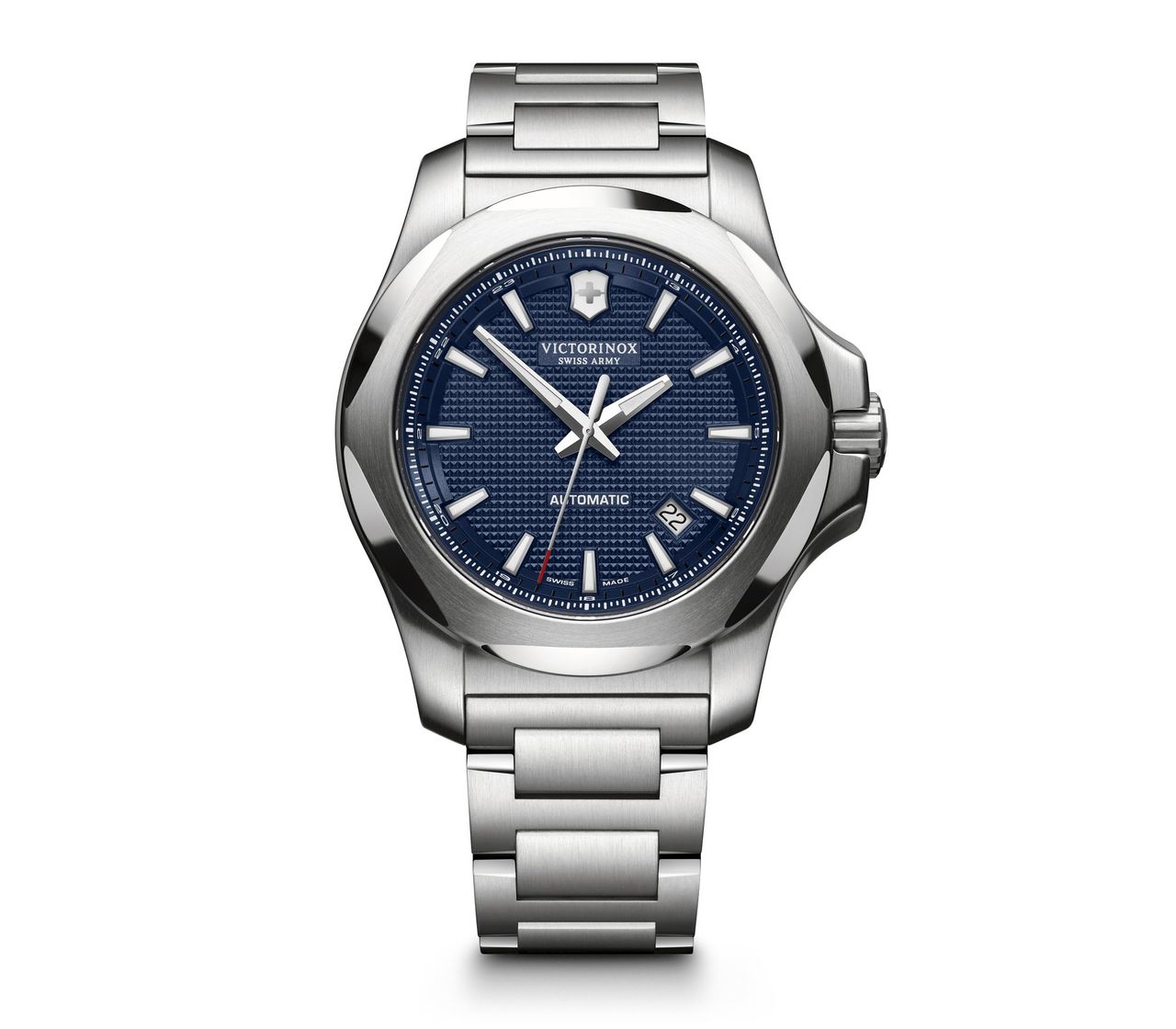 Stainless steel wristwatch with a blue dial and silver bracelet.