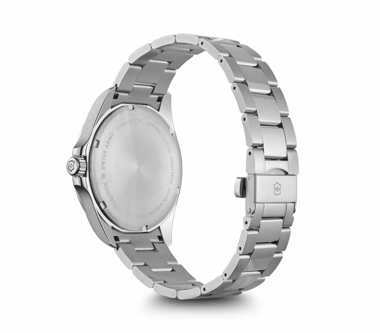 Silver wristwatch with a metal link bracelet.