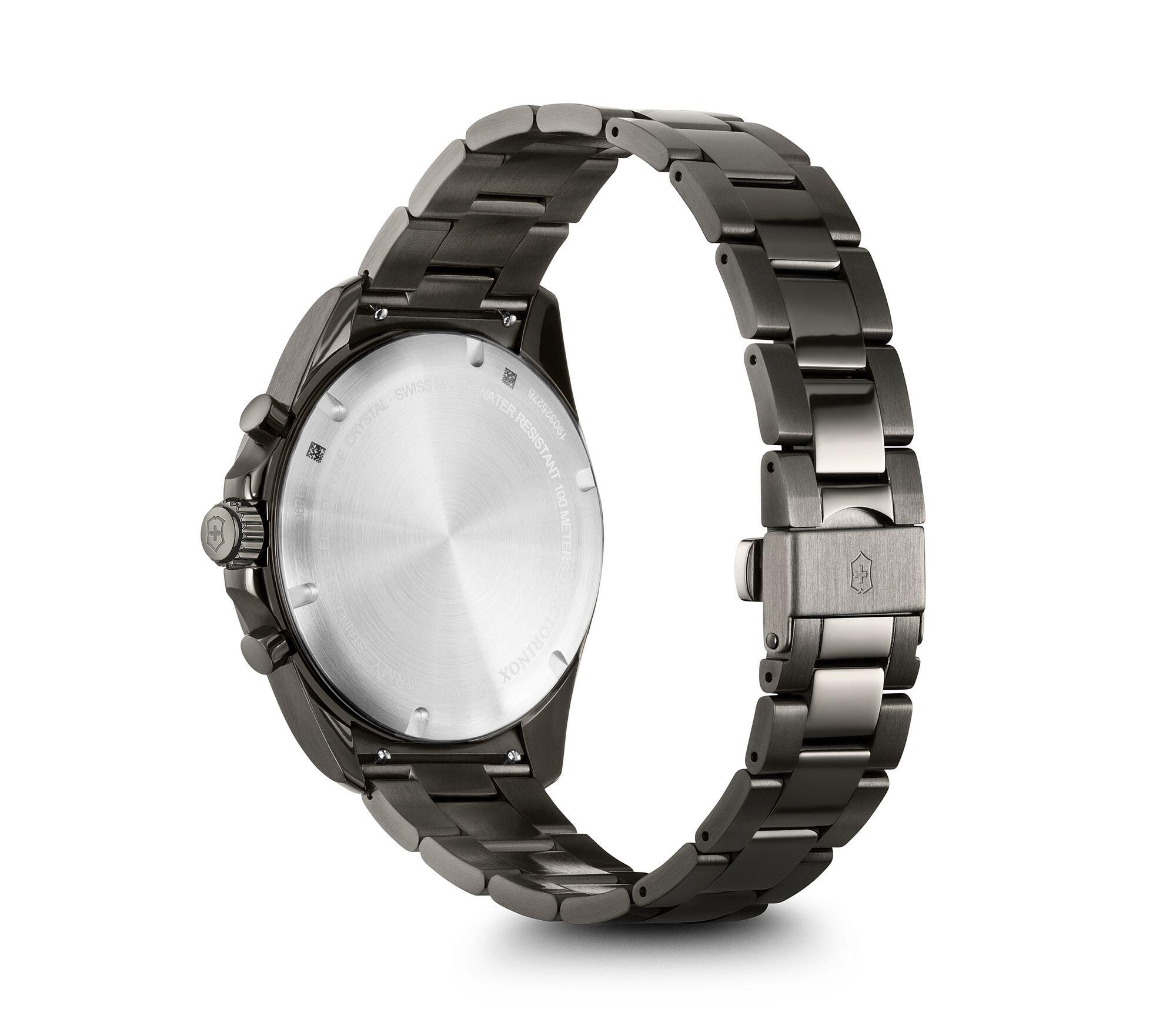 Metallic wristwatch with a dark gray or gunmetal-colored band and case.