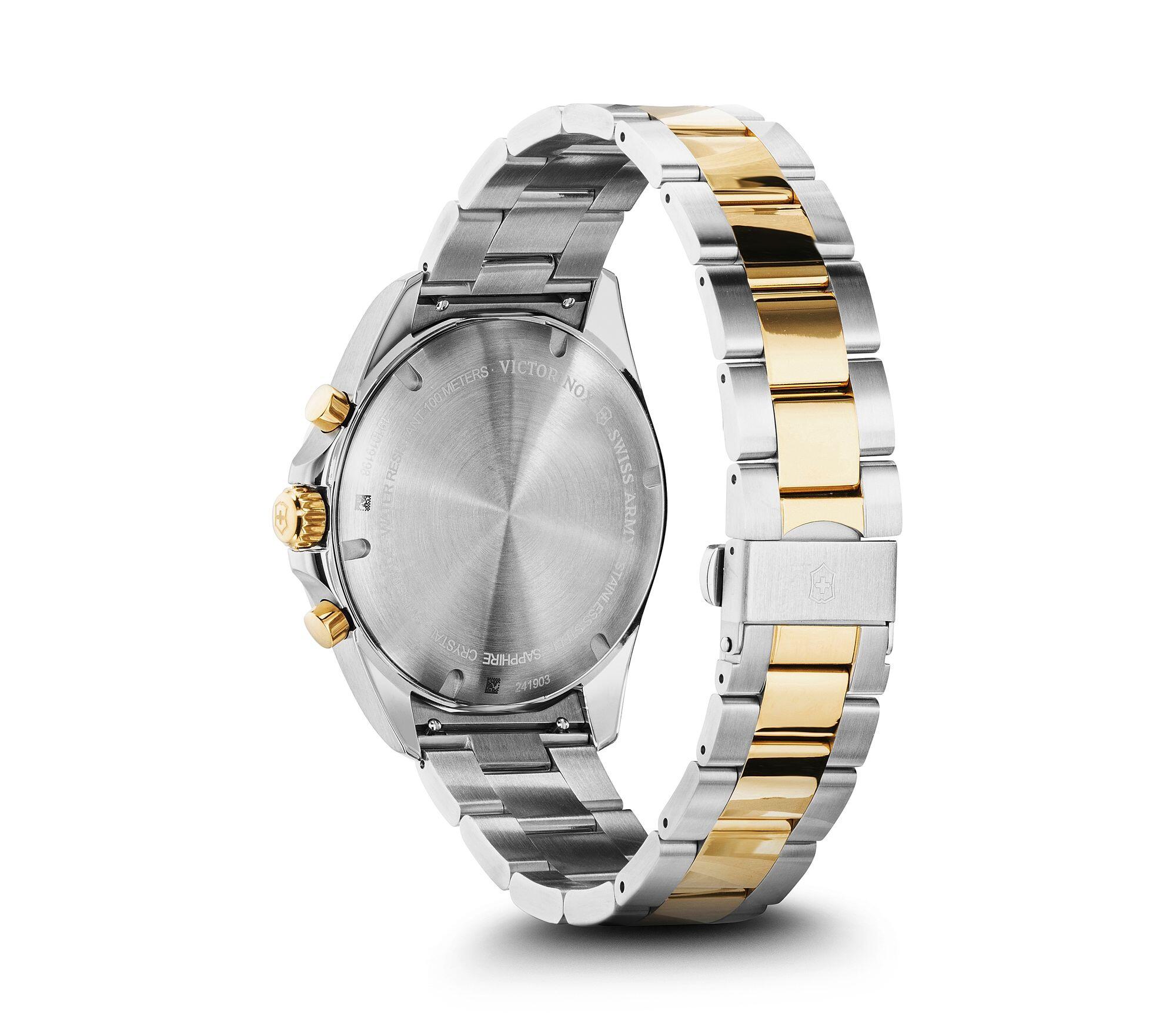 Wristwatch with a two-tone metal band combining silver and gold colors.