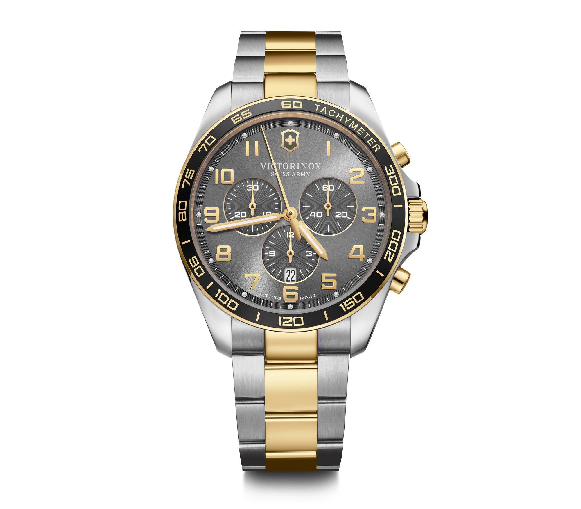 Luxury wristwatch with a two-tone metal band and gray dial featuring chronograph subdials.