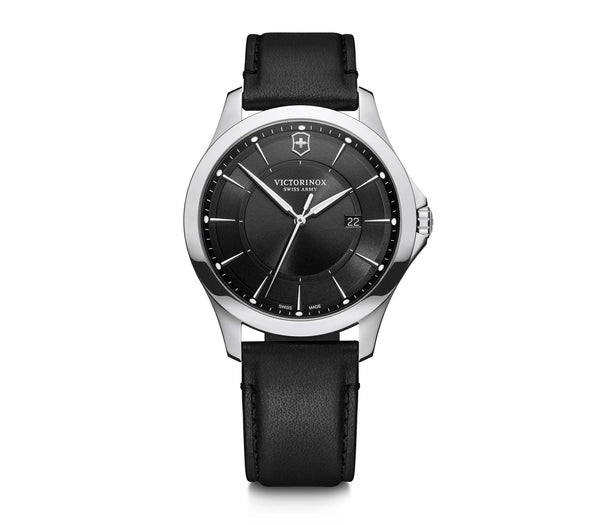 Sleek silver wristwatch with a black leather strap and dark dial face.