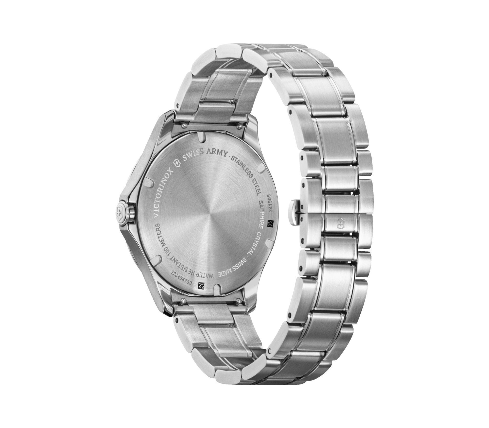 Silver wristwatch with a metal link bracelet.