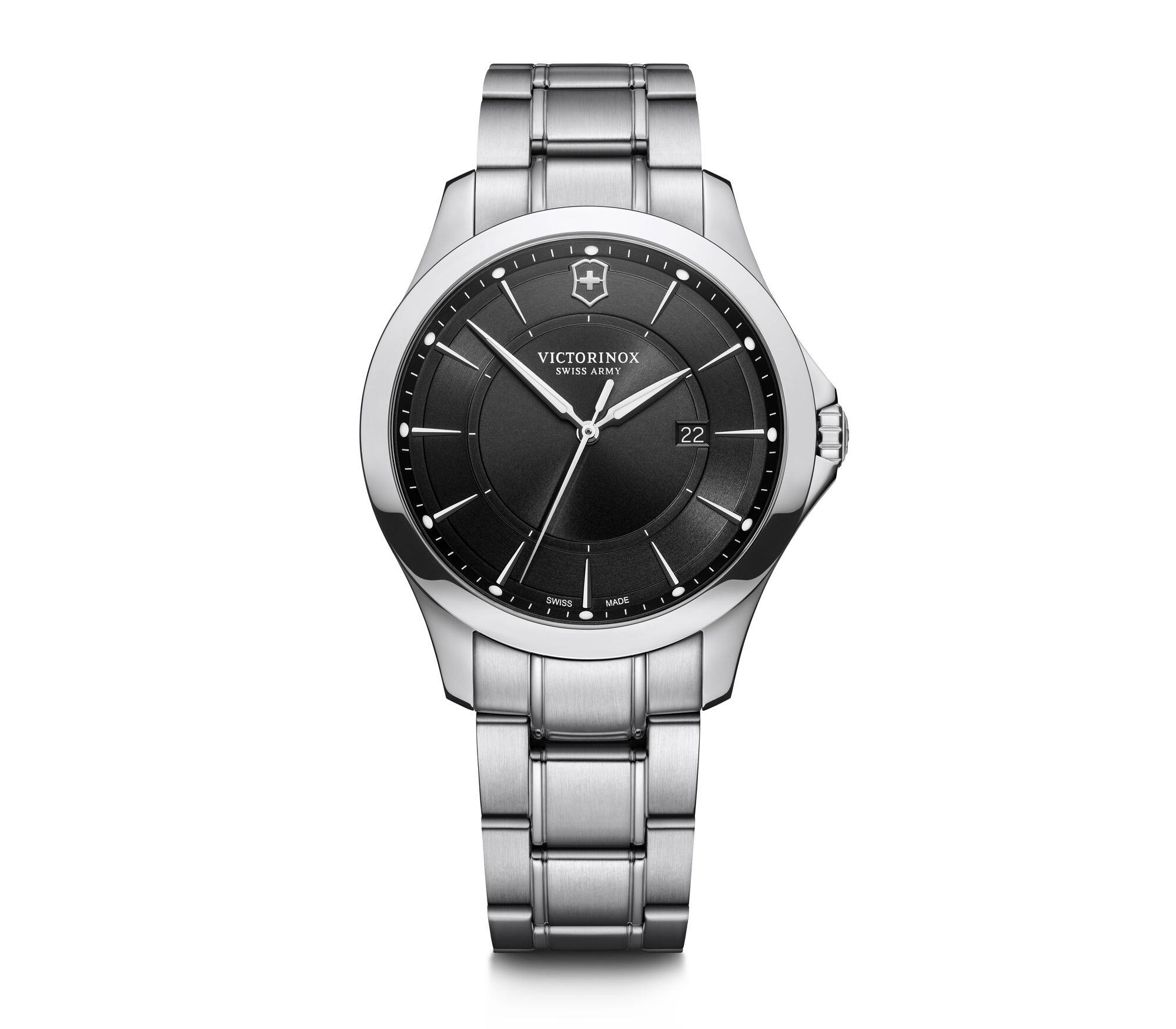 Stainless steel wristwatch with a black dial and silver bracelet.