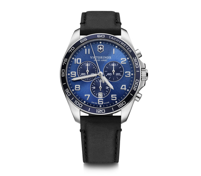 Stainless steel chronograph watch with a blue dial and black leather strap.