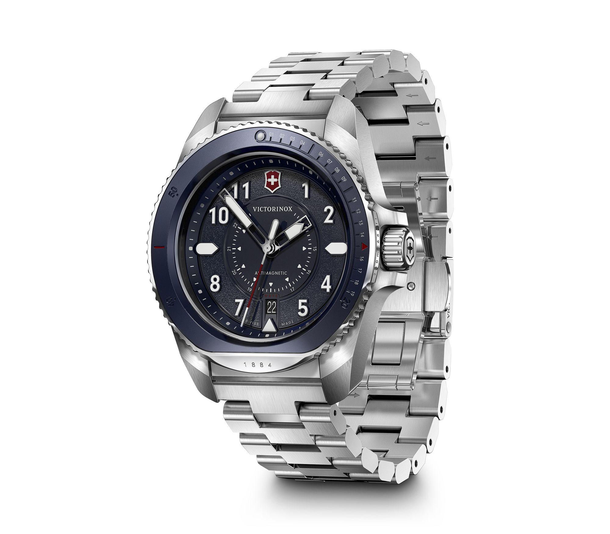 Stainless steel wristwatch with a dark blue dial and multiple subdials.