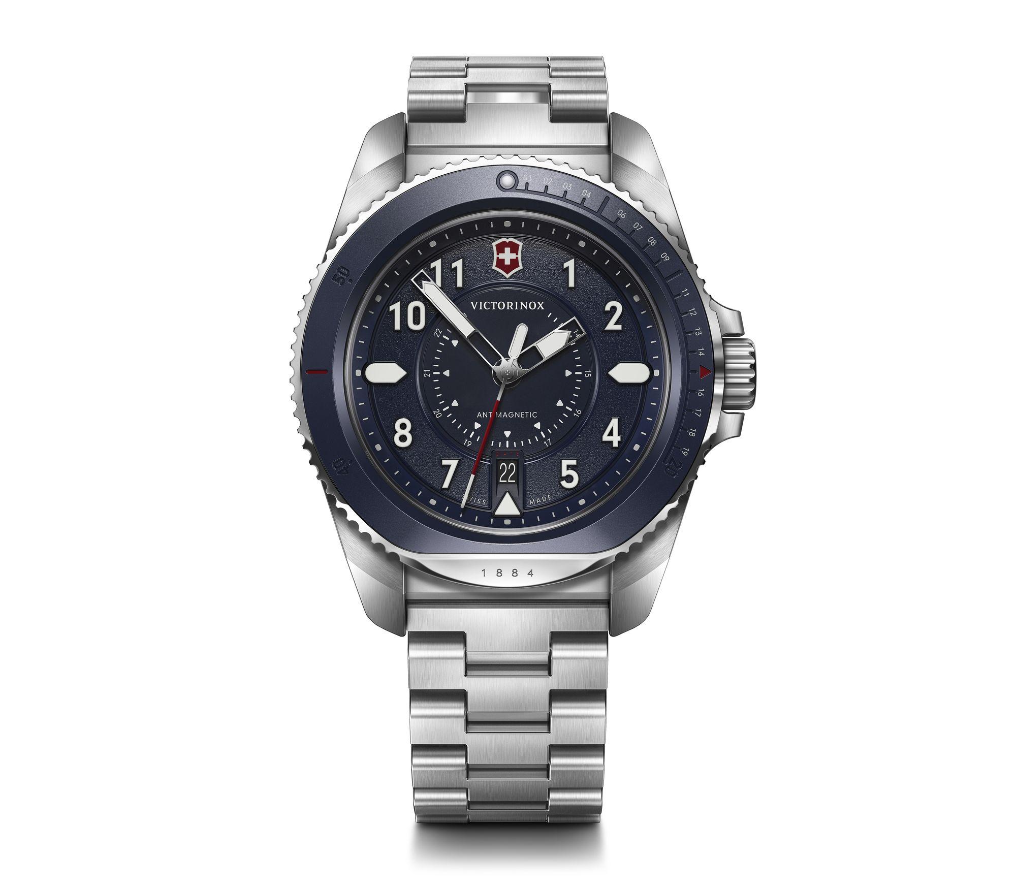 Stainless steel Swiss Army wristwatch with a black dial and rotating bezel.
