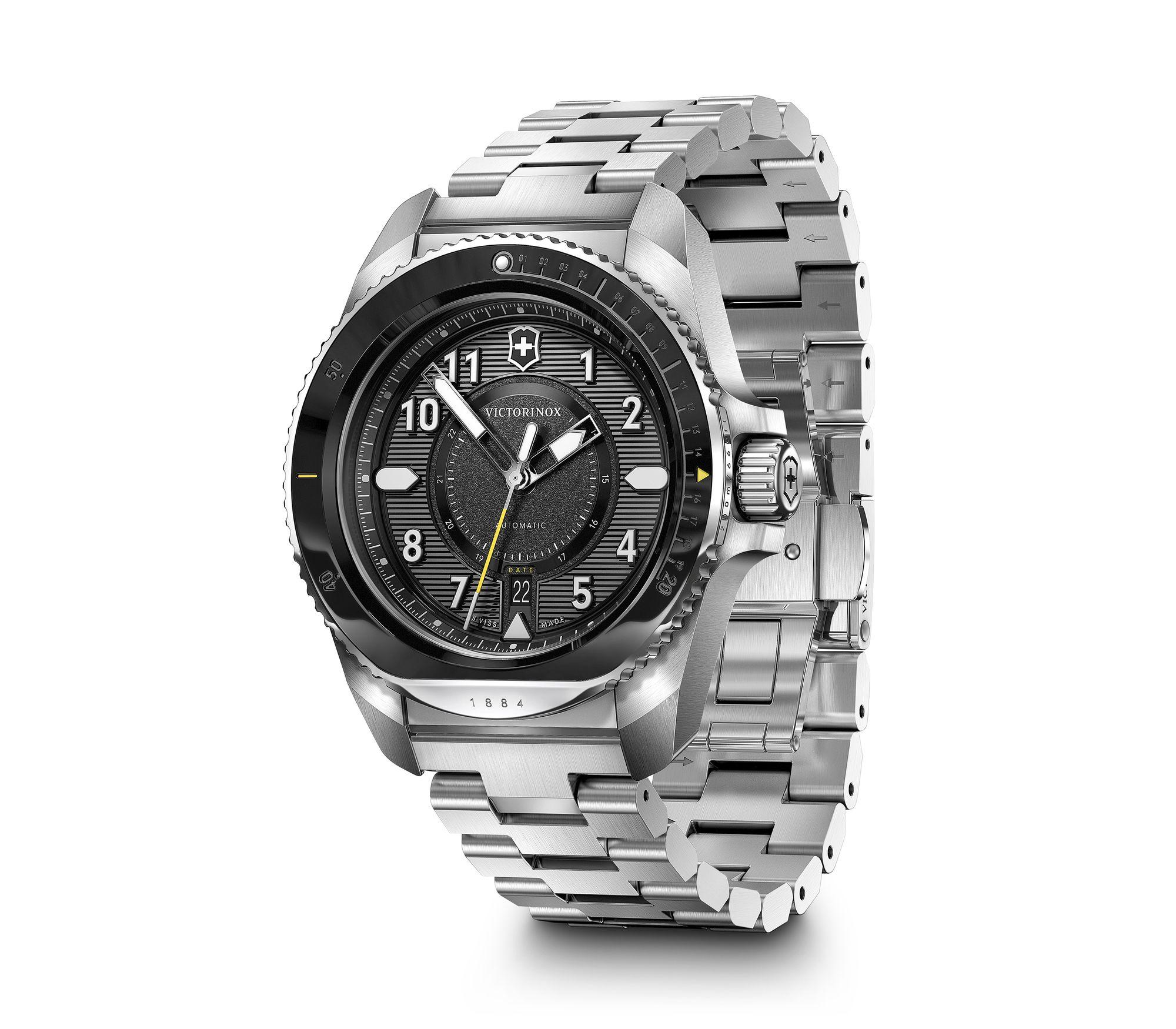 Stainless steel wristwatch with a black dial and metal bracelet.