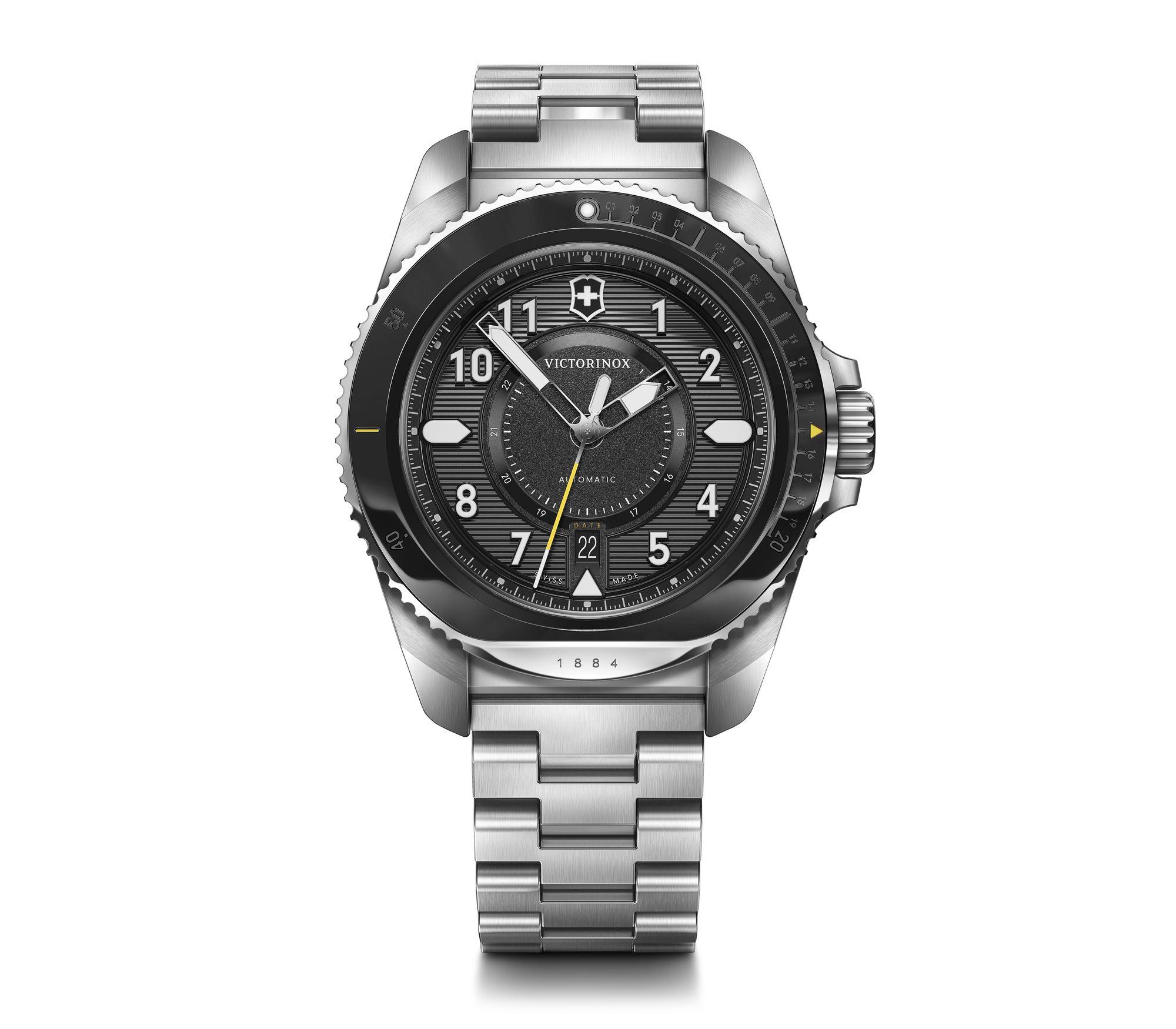 Stainless steel wristwatch with a black dial and rotating bezel.