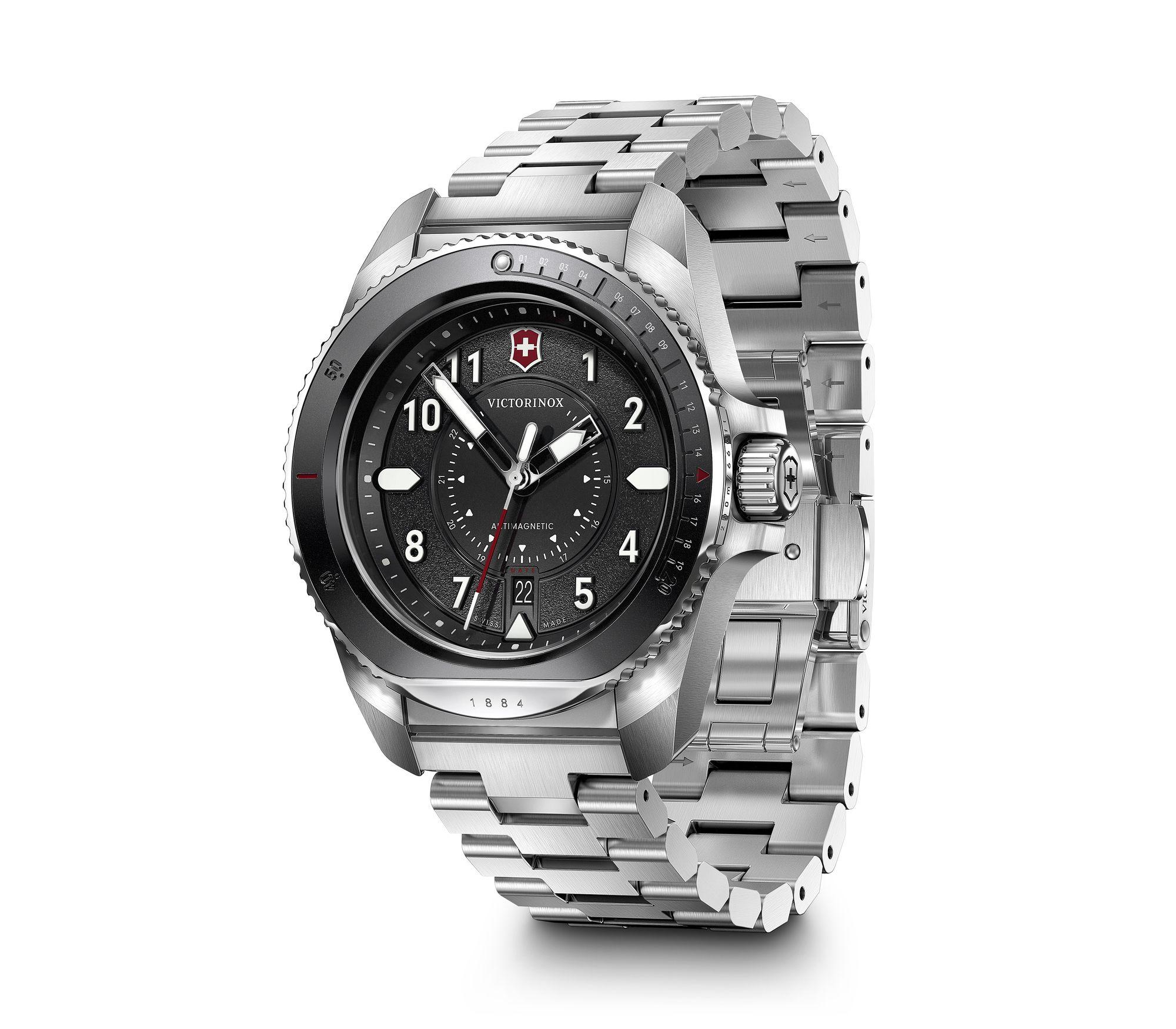 Stainless steel wristwatch with a black dial and multiple subdials.