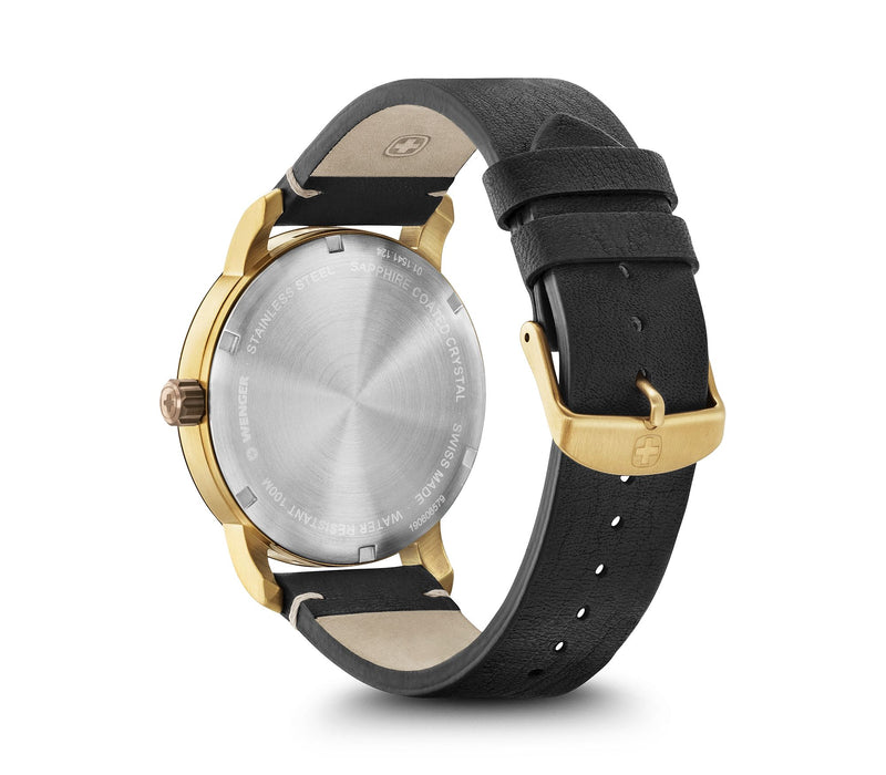 Gold-toned wristwatch with a black leather strap.