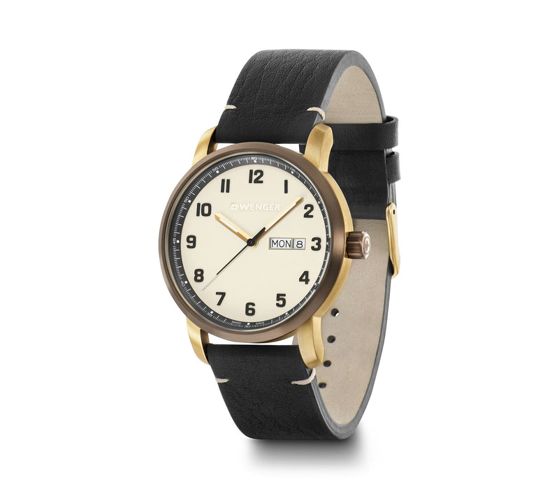 Wristwatch with a gold-tone case, white dial, and black leather strap.