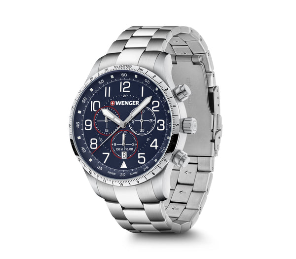 Stainless steel chronograph wristwatch with a blue dial and silver bracelet.